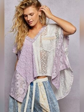 POL Lavender Patchwork Lace V-Neck Tunic